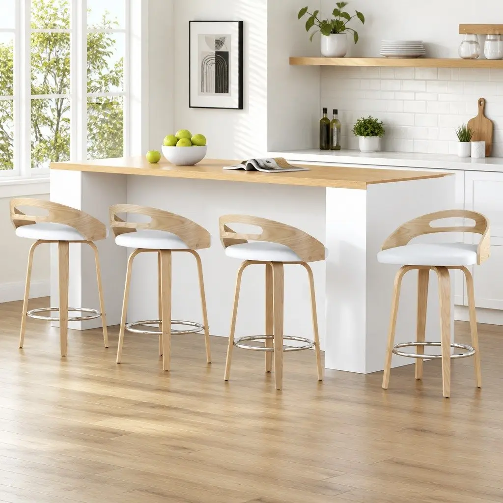 Bar Stools Swivel Seat Low Back Padded Cushion 4 Piece White