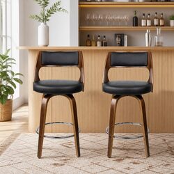 Swivel Bar Stool with Backrest, Chrome Footrest, Black Seat