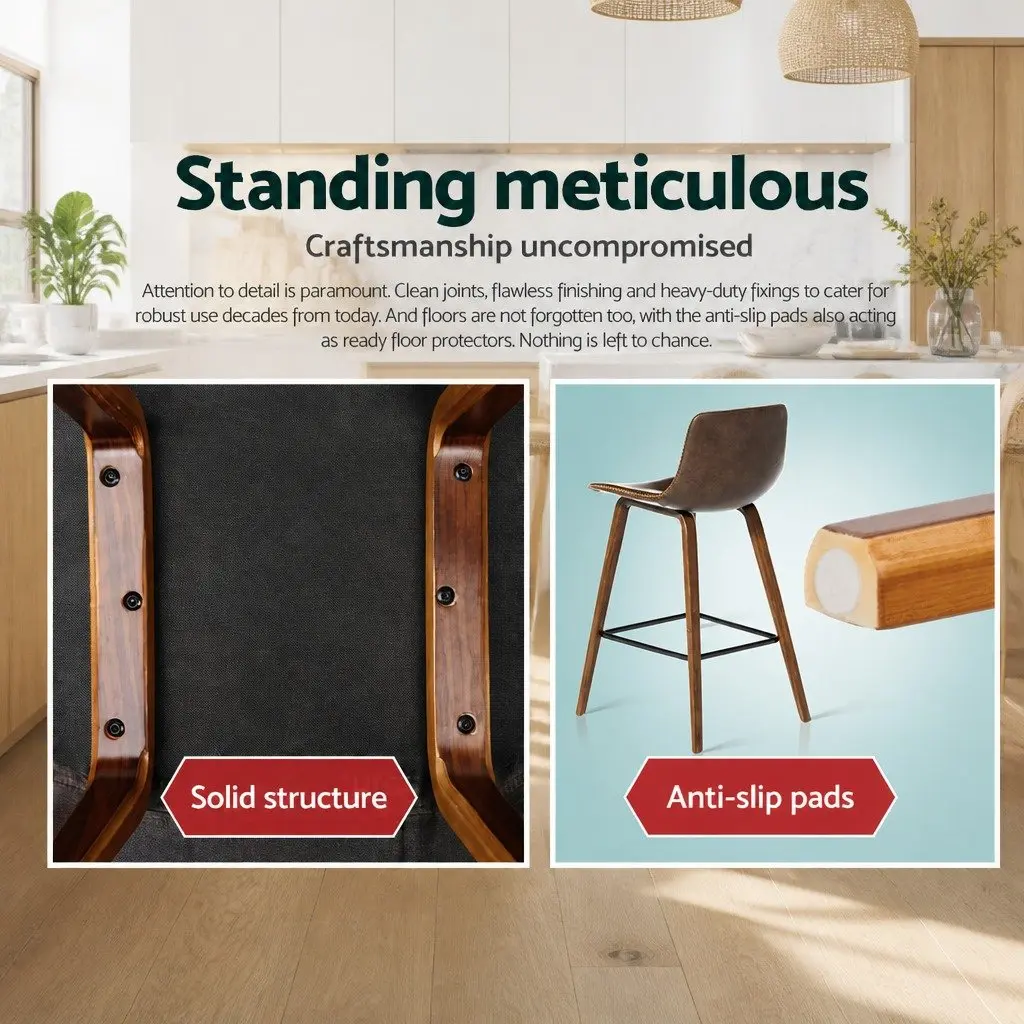 Bar Stools x2 Kitchen Counter Wooden Backrest Metal Footrest Brown Walnut