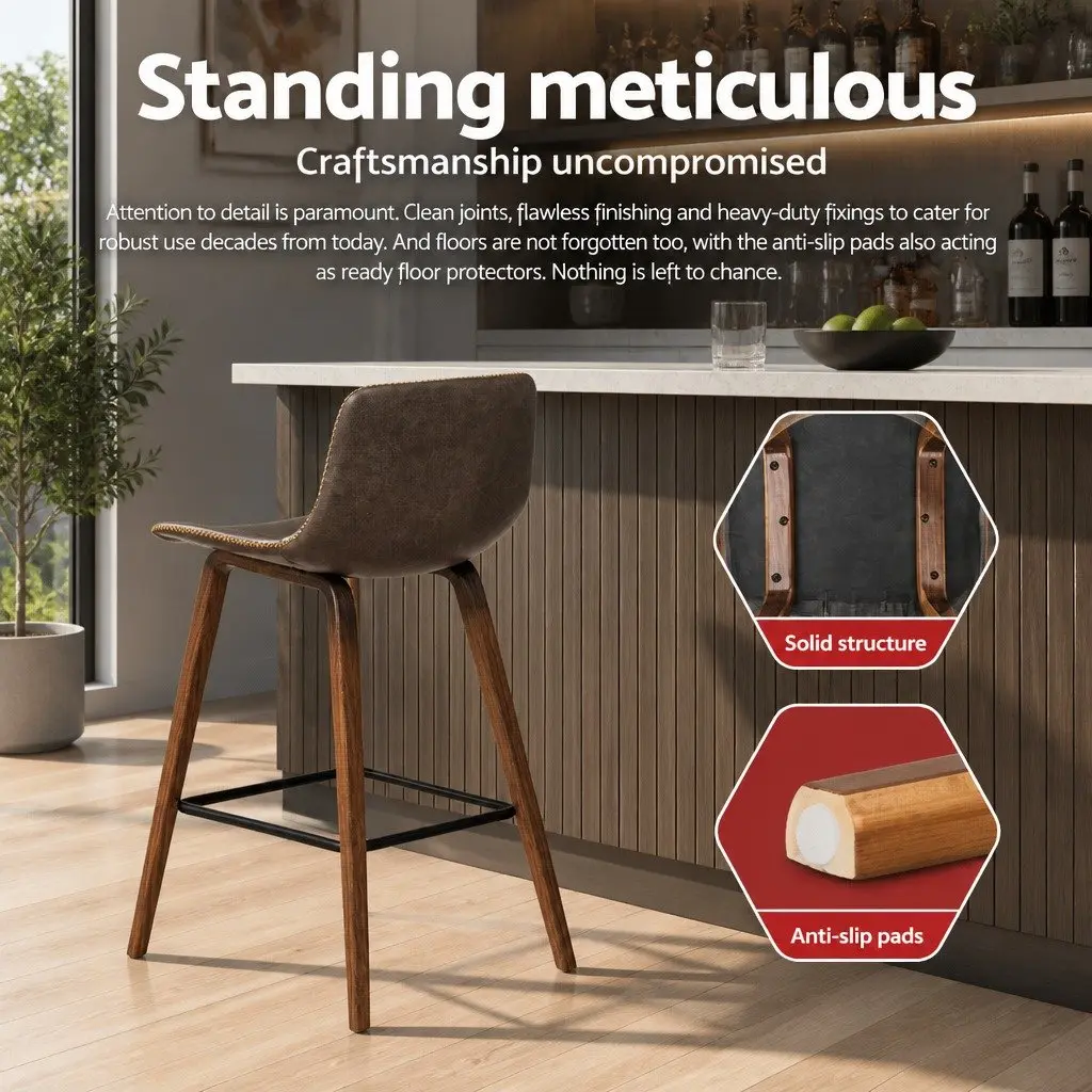 Bar Stools Mid-Height Backrest Brown PU Leather Padded Set of 4