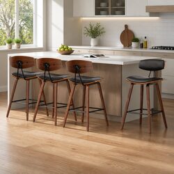 4 Black Bar Stools with Wooden Frame and Footrest
