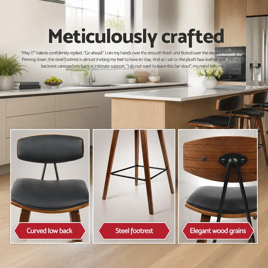 4x Bar Stools Black Padded Seat Backrest Wooden Frame Metal Footrest Kitchen