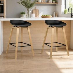 Bar Stools Set of 2: Black PP Plastic Seat and Wood Legs