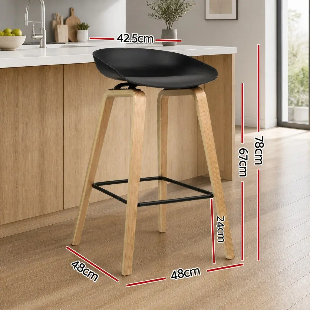Bar Stools Set of 2 Black Wooden Legs PP Plastic Seat Metal Footrest