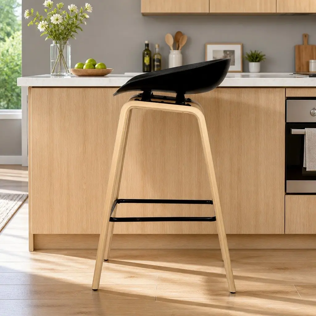 Bar Stools Set of 2 Black Wooden Legs PP Plastic Seat Metal Footrest
