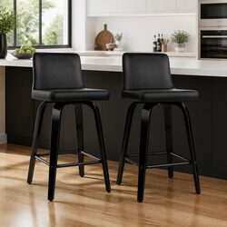 2 Bar Stools with Padded Black Seats and Metal Footrest