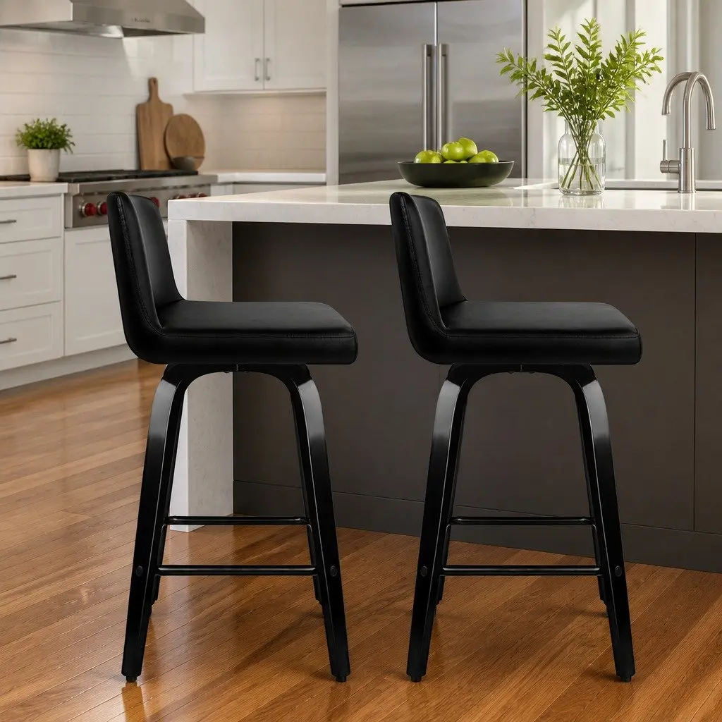Bar Stools Set of 2 Swivel Kitchen Chairs Black Padded Backrest Mid-Height