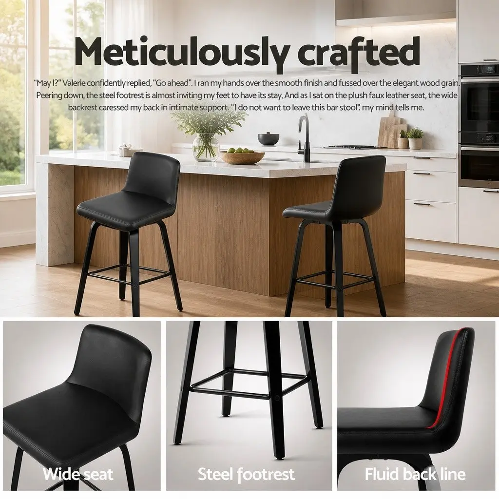 Bar Stools Set of 2 Swivel Kitchen Chairs Black Padded Backrest Mid-Height