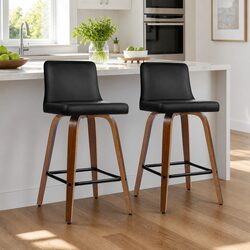 Set of 2 Swivel Bar Stools, Plywood Frame, Black and Brown