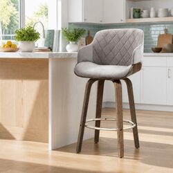 Grey Velvet Swivel Bar Stool with Chrome Footrest