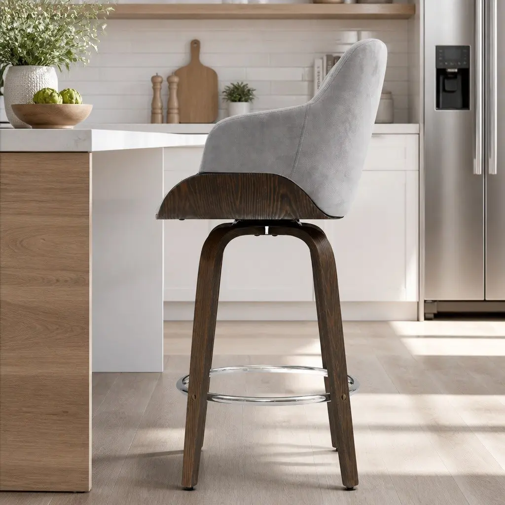 Grey Velvet Swivel Bar Stool with Chrome Footrest