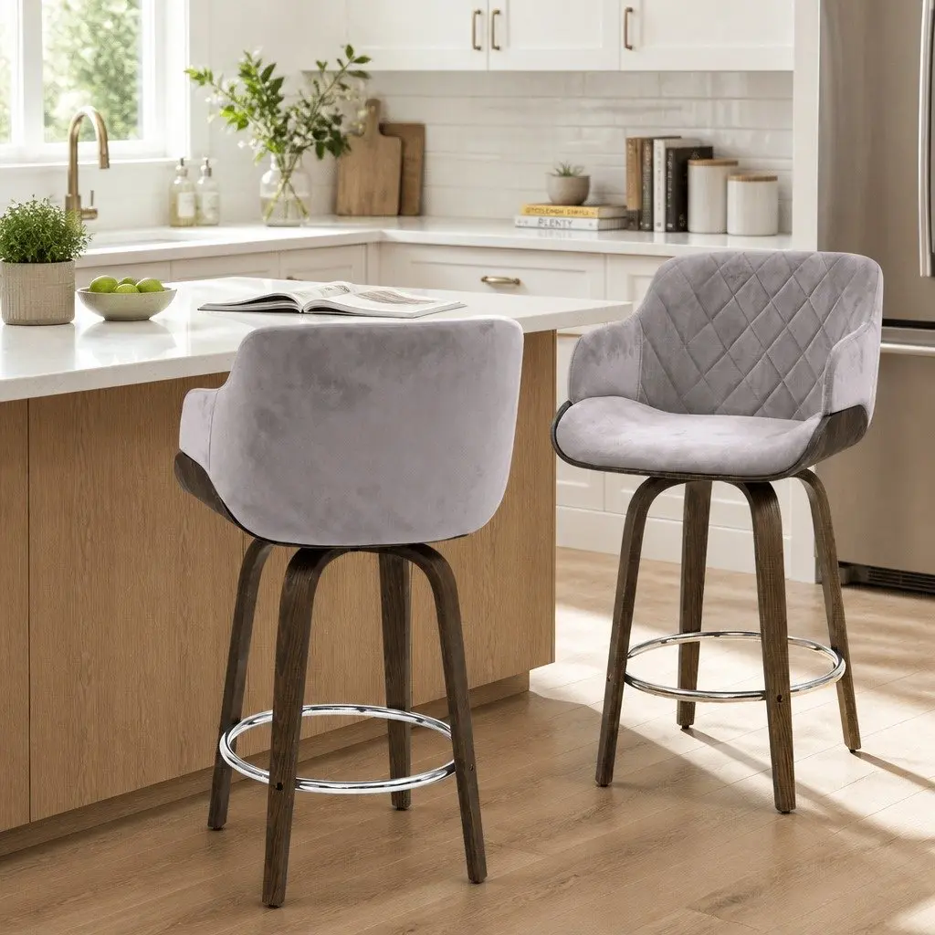 Grey Velvet Swivel Bar Stool with Chrome Footrest