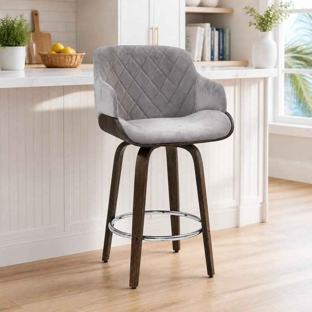 Grey Velvet Swivel Bar Stool with Chrome Footrest