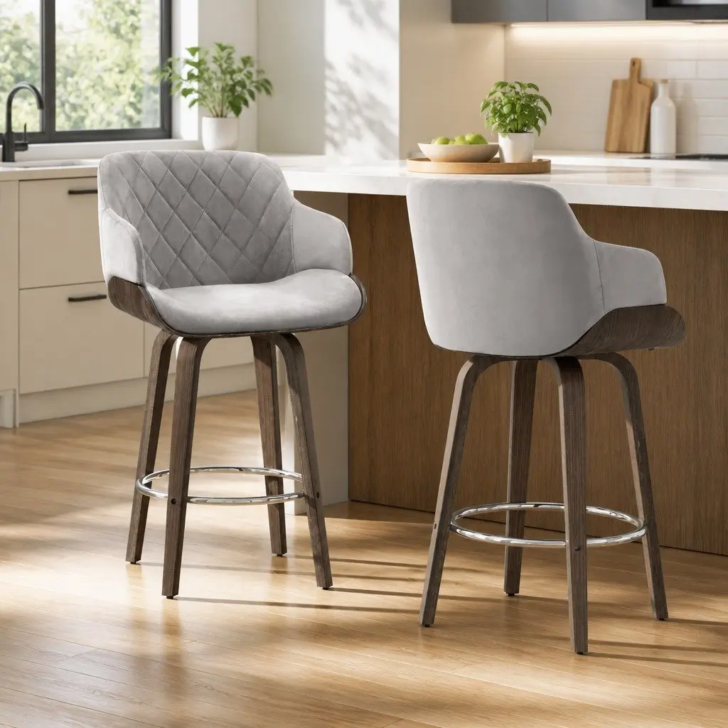 Bar Stools Set of 2 with Velvet Upholstery and Chrome Base