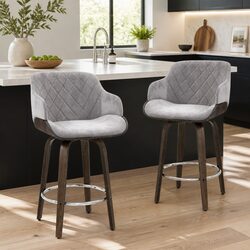 4 Swivel Bar Stools in Velvet Grey with Wooden Frame