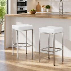 2 White Bar Stools with Chrome Legs and Padded Seats
