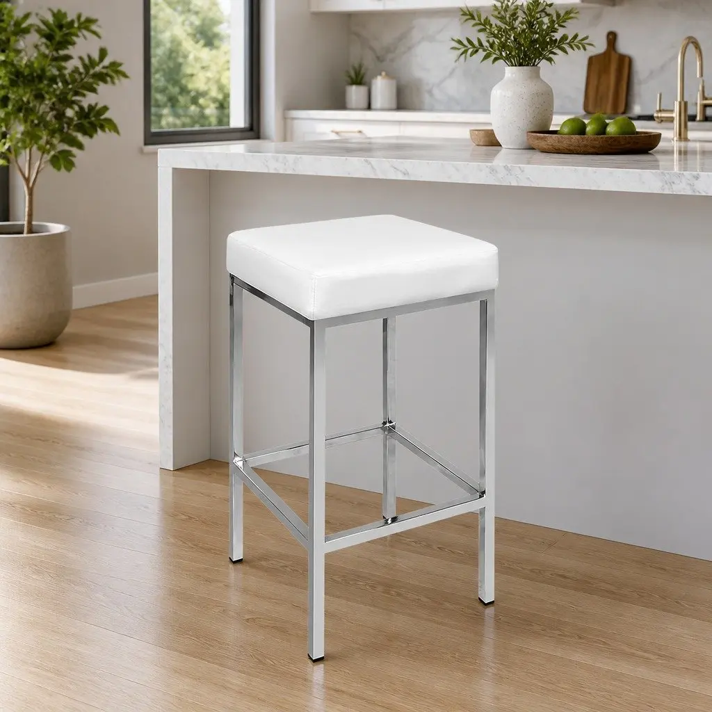 Set of 4 Bar Stools White PU Leather Padded Kitchen Chairs Chrome Legs Barstool