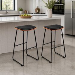 Bar Stools Set of 2 Black Metal Frame with Wooden Base