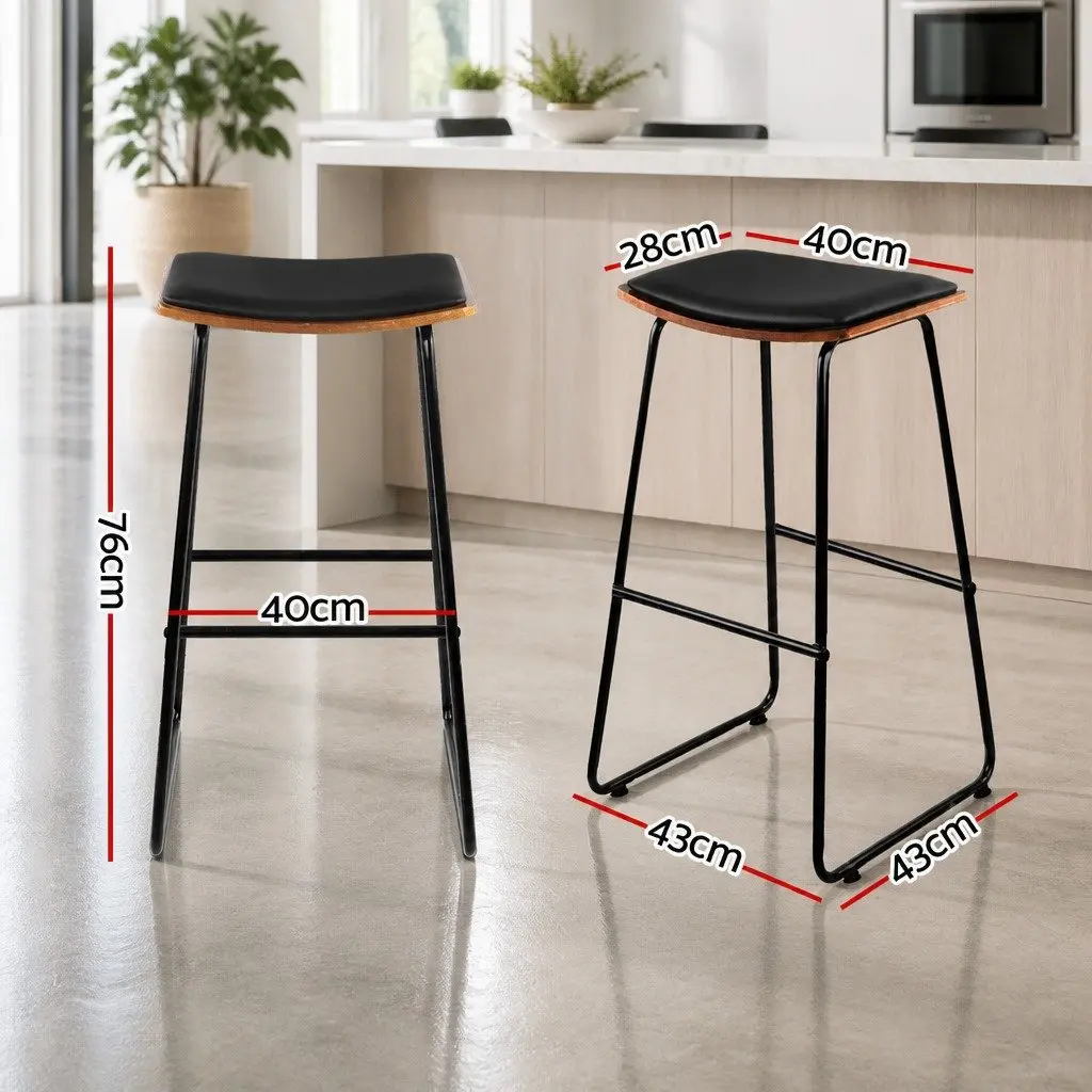 Bar Stools Padded Seat 76cm Black Metal Frame Wooden Base Set of 2