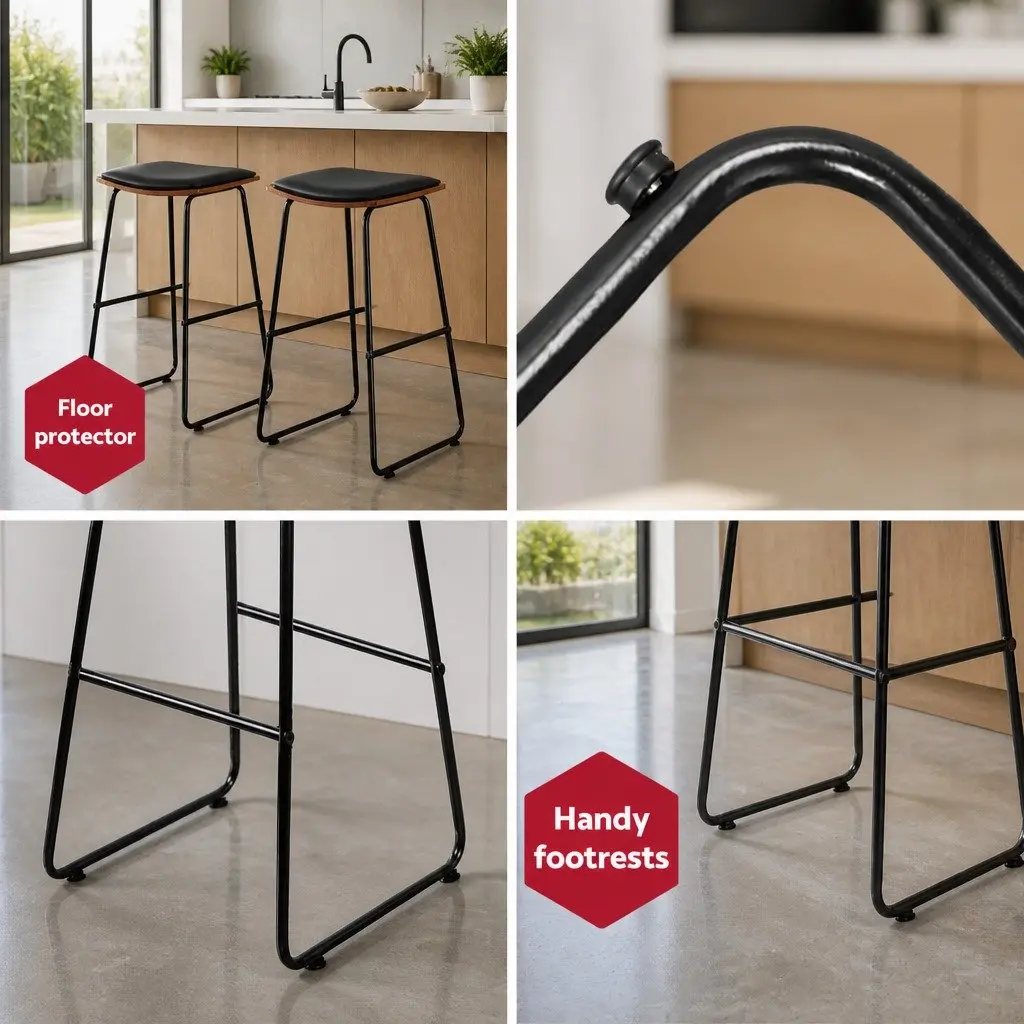 Bar Stools Padded Seat 76cm Black Metal Frame Wooden Base Set of 2