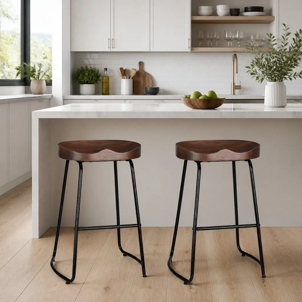 Bar Stools Tractor Seat 65cm Dark Wood Tone Industrial Retro Kitchen Dining