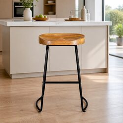 Industrial Bar Stools Set of 2 with Curved Pine Seat