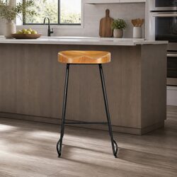 Industrial Wooden Bar Stools Set of 2 with Steel Base