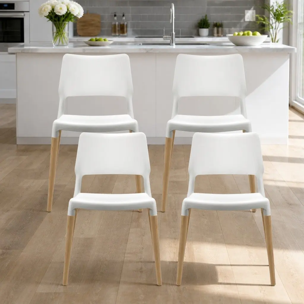 Dining Chairs Stackable White PP Plastic Seat Solid Beech Wooden Legs 4 Piece