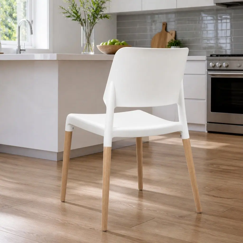 Dining Chairs Stackable White PP Plastic Seat Solid Beech Wooden Legs 4 Piece