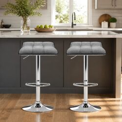 Adjustable Grey Upholstered Bar Stool Set of 2