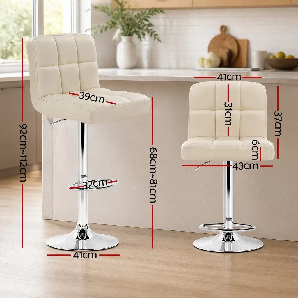 Bar Stools Adjustable Height Swivel Faux Leather Beige Set of 2