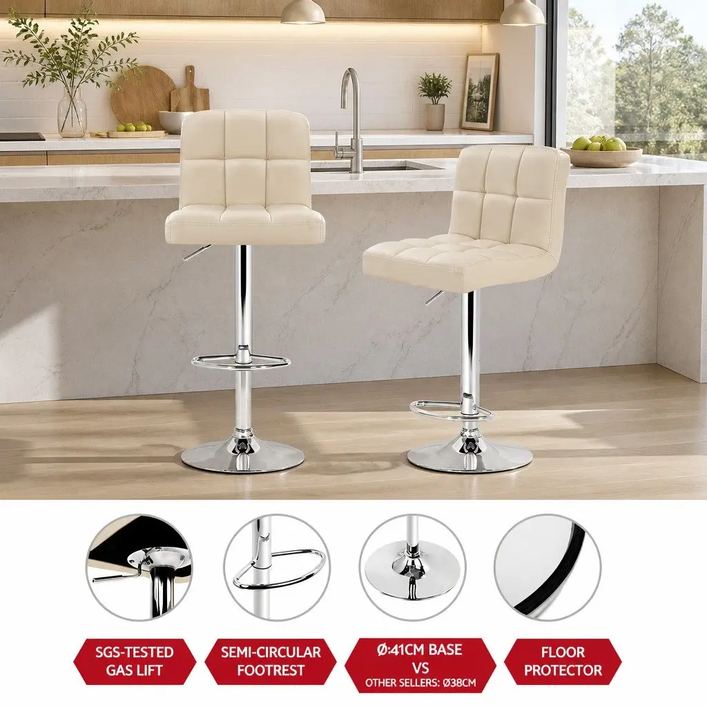 Bar Stools Adjustable Height Swivel Faux Leather Beige Set of 2