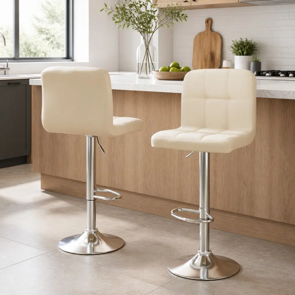 Bar Stools Adjustable Height Swivel Faux Leather Beige Set of 2