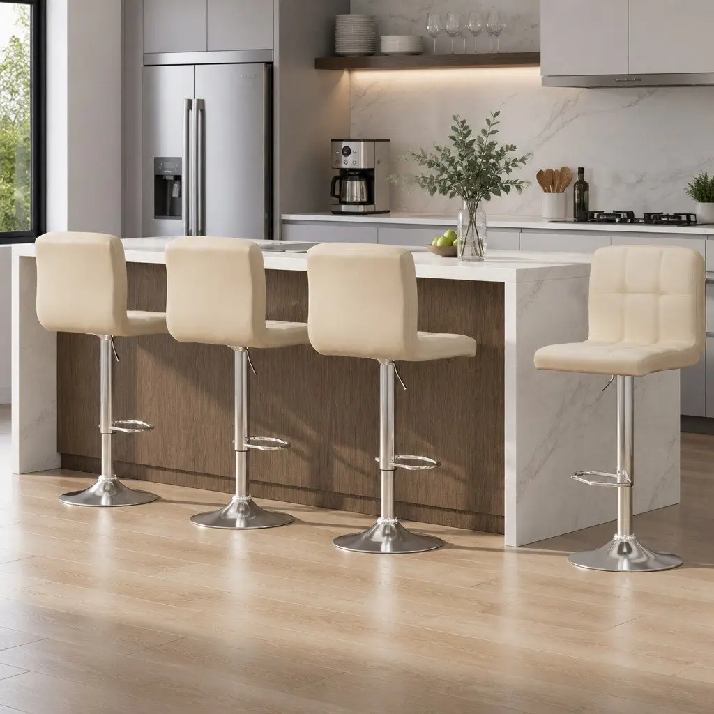 Bar Stools Adjustable Height Gas Lift Swivel Upholstered Seat 4 Piece Beige