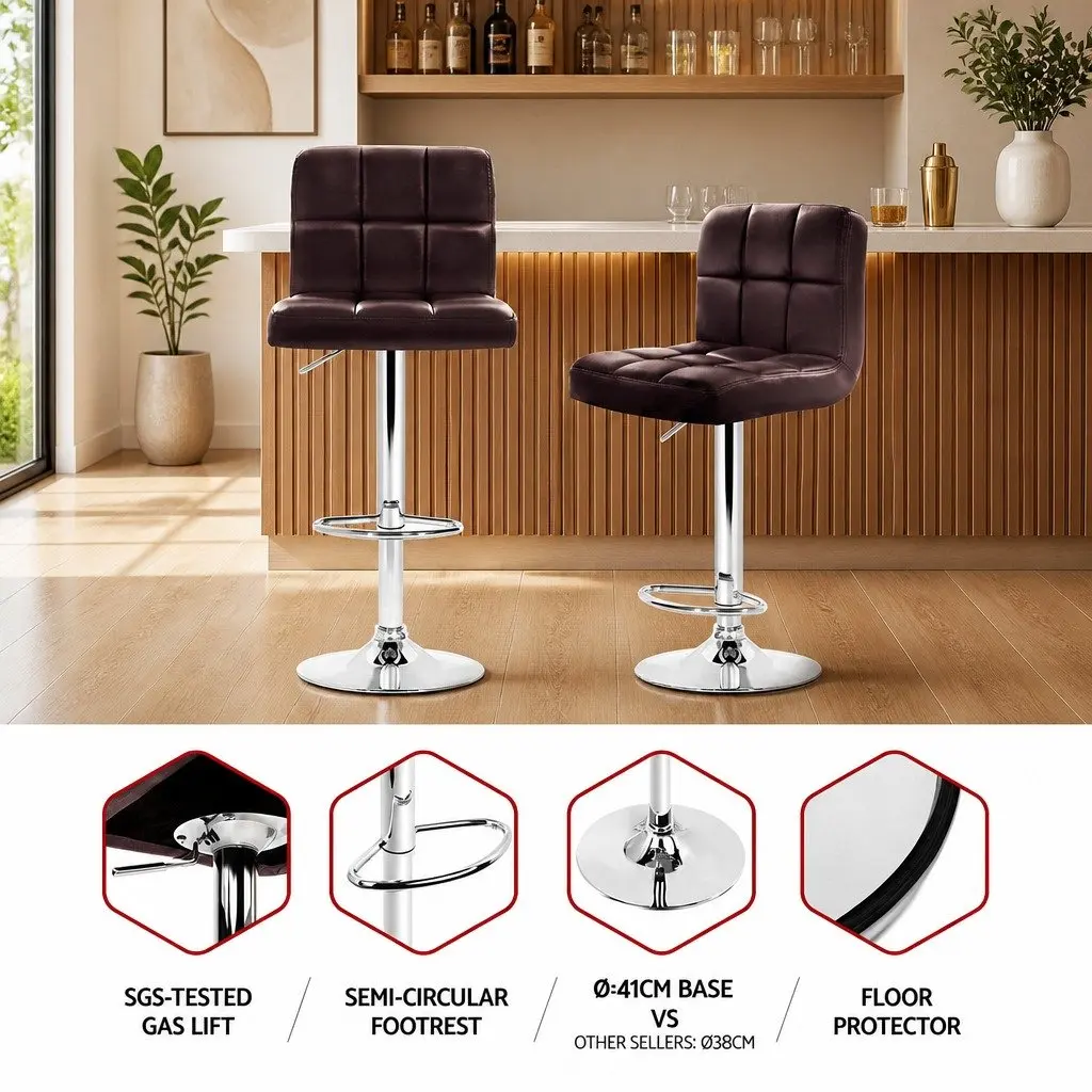 Bar Stools Adjustable Height Chocolate Leather Swivel Seat Pair