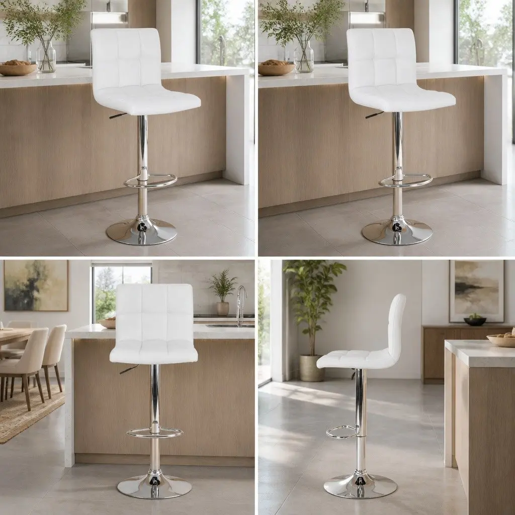 Bar Stools Adjustable Height Swivel 4 Piece White Faux Leather