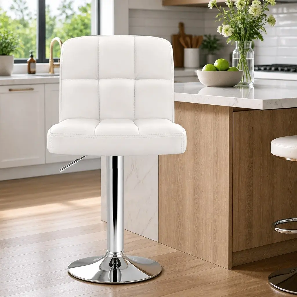 Bar Stools Adjustable Height Swivel 4 Piece White Faux Leather