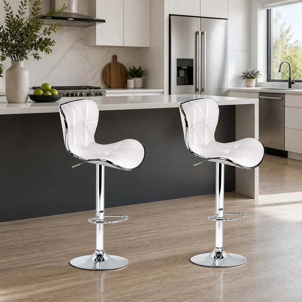 White Padded Bar Stools Set of 2 Adjustable Height Swivel Seat Chrome Base