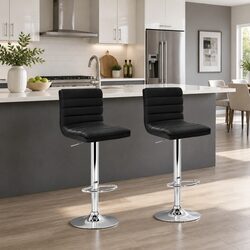 Adjustable Height Black Bar Stools - Faux Leather, Set of 2
