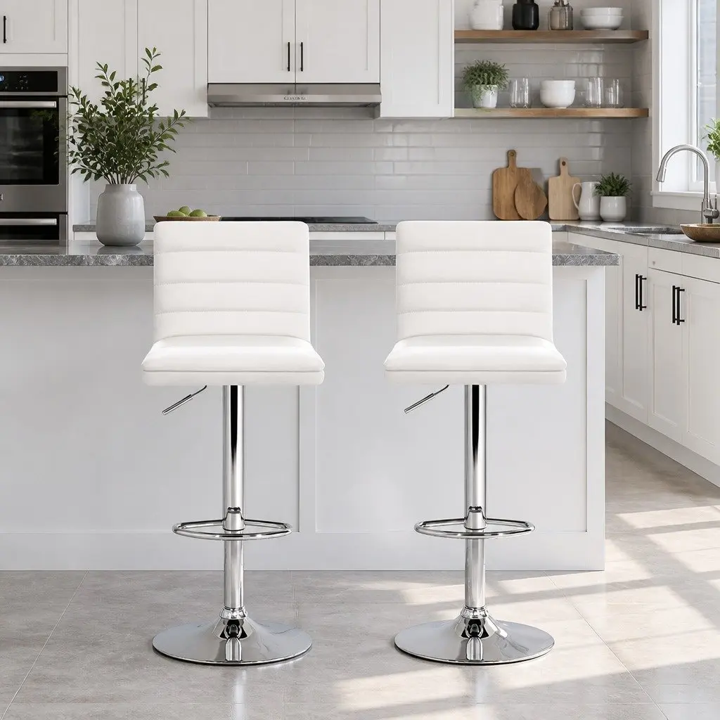 Bar Stools Padded Seat Height Adjustable Swivel Chair White 2 Piece