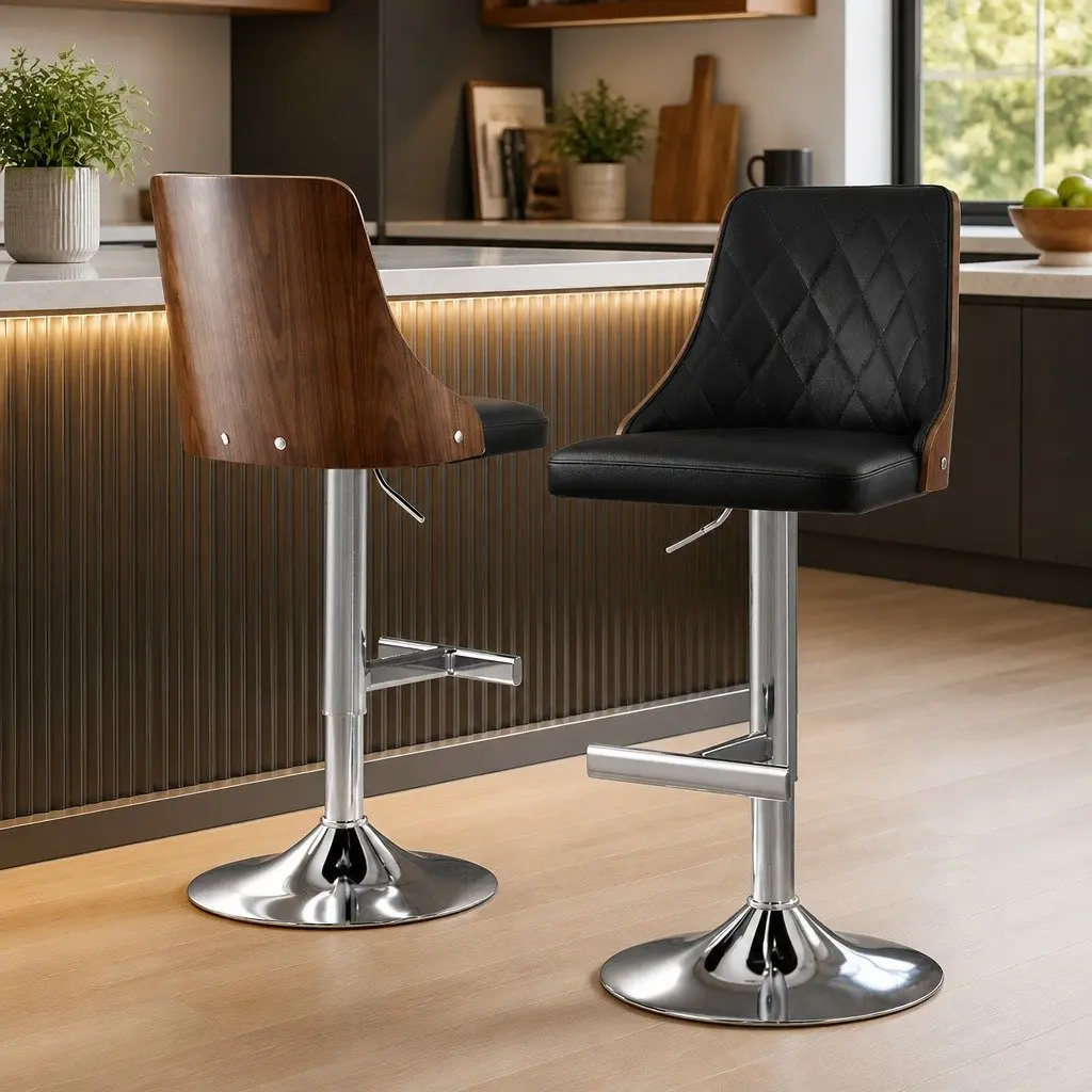 Bar Stools Adjustable Height Black Leather Set of 2