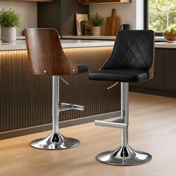 Black Leather Bar Stools Set of 2 with Adjustable Height