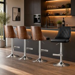 4-Piece Set of Adjustable Black Leather Bar Stools