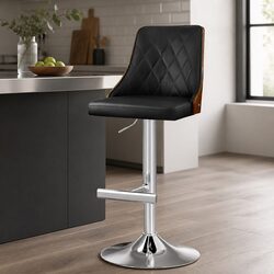 Black Leather Bar Stool with Bentwood and Adjustable Height