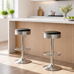 Set of 2 Black PU Leather Backless Swivel Bar Stools