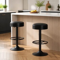 Set of 2 Black Swivel Bar Stools with Adjustable Height