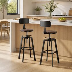 Black Metal Bar Stools with Adjustable Elm Wood Seats