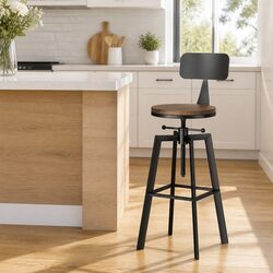 Height Adjustable Metal Bar Stools with Elm Wood Seat