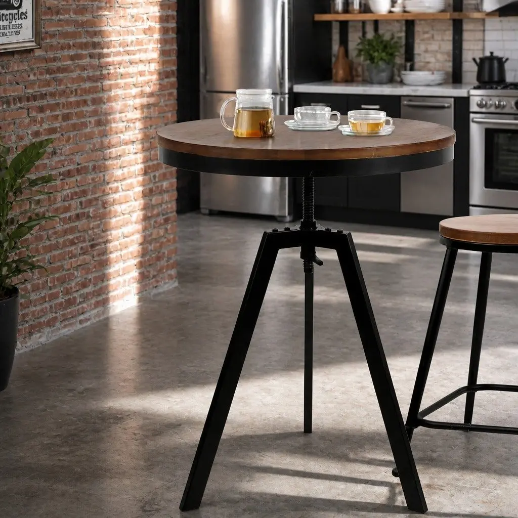 Round Adjustable Height Dining Table Industrial Design Steel Frame 67-86CM