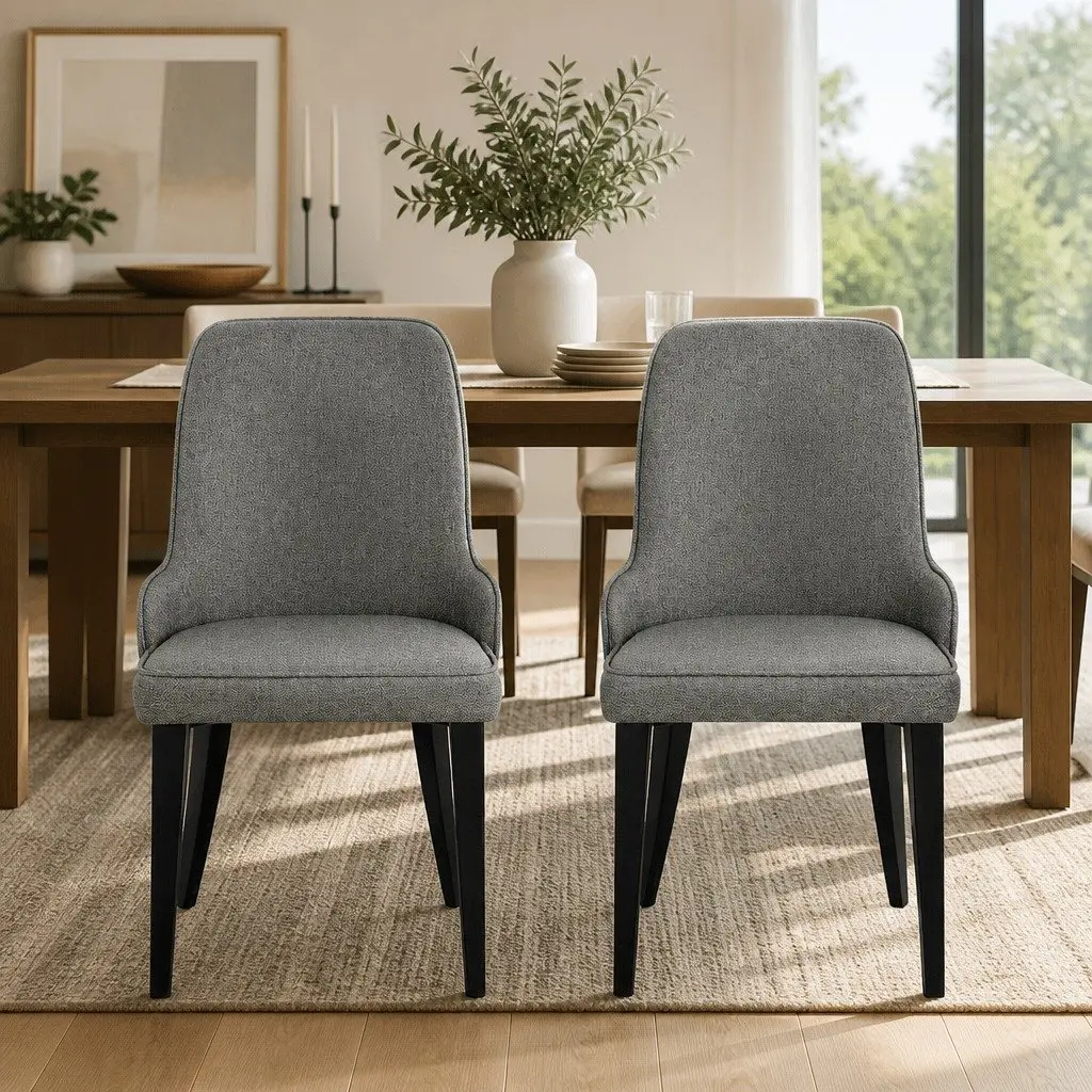 Dining Chairs High Back Cushioned Grey Fabric Set of 2 Steel Legs